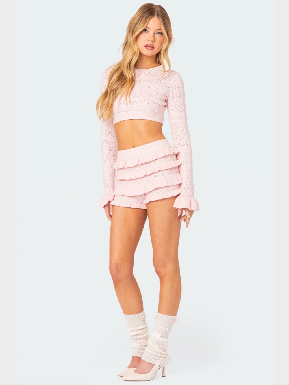NWOT Edikted Lindsay Ruffle Knitted Shorts in Pink XS